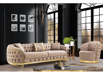 Designer woonkamerset 3-zitsbank en fauteuil Beige kleur 2-delig nieuw