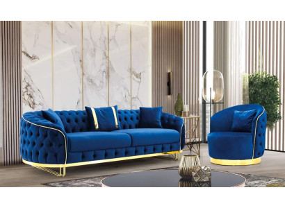 Ontwerper Blauw Kleur Woonkamer Set bestaande uit een 3-zitsbank en een fauteuil 2-delig.