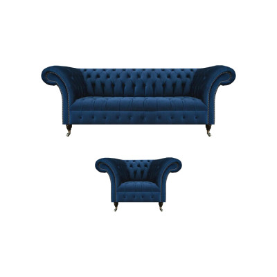 Blau Chesterfield Set Designer Driedelige Stoffen Fauteuil 2-delige Meubels.