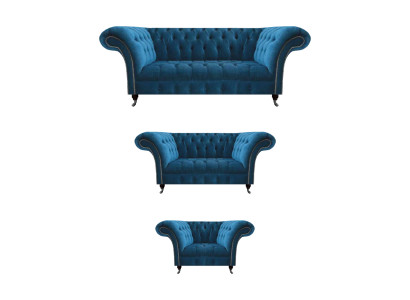 Chesterfield Blau Gestoffeerde Meubelset Woonkamer Bankstel 3-Zits 3-delig