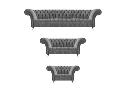 Edele Chesterfield Sofaset Grijze Textiel Vierzitsbank Gestoffeerde Fauteuil