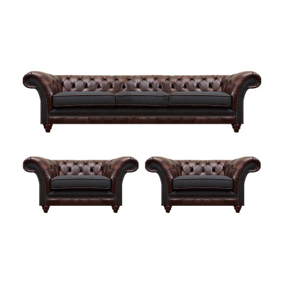 Bruin-grijze Chesterfield zitgroep 2x leren fauteuils driezitsbank 3-delige set