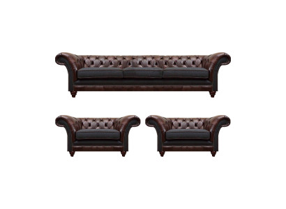 Bruin-grijze Chesterfield zitgroep 2x leren fauteuils driezitsbank 3-delige set