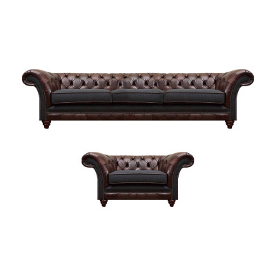 Chesterfield bruine leren bankstel driezitter luxe gestoffeerde fauteuil.