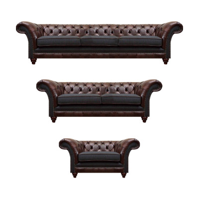 Chesterfield bruin-grijze set leren designbanken complete 3-delige set