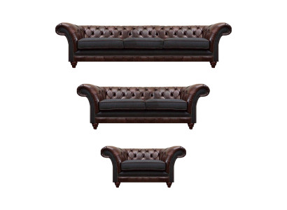 Chesterfield bruin-grijze set leren designbanken complete 3-delige set