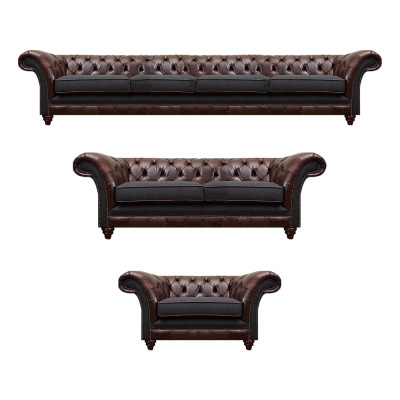 Bruin-Grijze Chesterfield Banken Fauteuils Woonkamer Complete Meubelset 3-delig