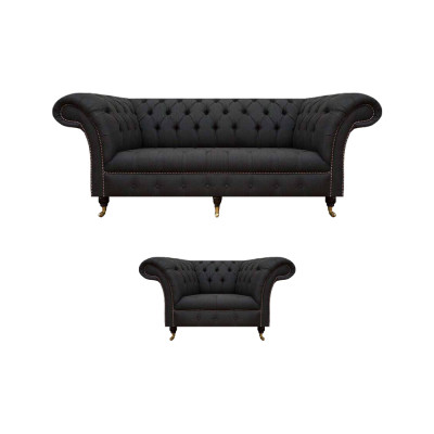 Chesterfield Zwart Stoffen Set Designer 3-Zits Bankstel 2-delig