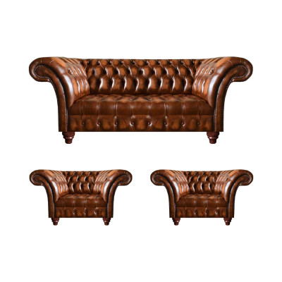 Bruine woonkamer Chesterfield set 2x lederen fauteuils Elegante driezitsbank