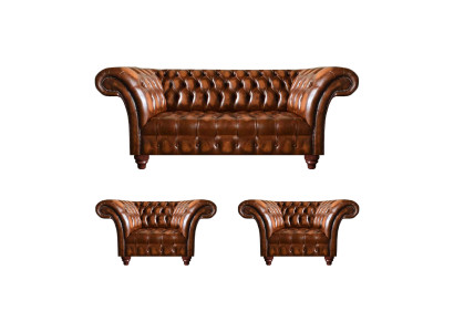 Bruine woonkamer Chesterfield set 2x lederen fauteuils Elegante driezitsbank