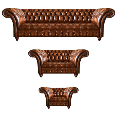 Chesterfield bruine leren set woonkamer zitbanken lederen banken 3-delig