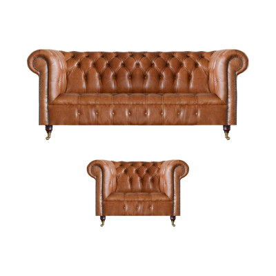 Bruine stijlvolle Chesterfield-leren sofa's complete zithoek 2-delig.