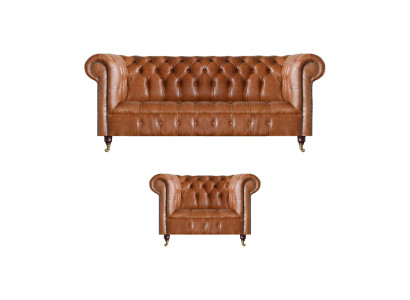 Bruine stijlvolle Chesterfield-leren sofa's complete zithoek 2-delig.