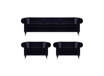 Blauwe Chesterfield bankstel designer 3-zitter 2x fauteuils 3-delig.