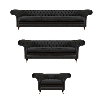 Zwarte Chesterfield stoffen banken, elegant meubelset, designbanken, 3-delig.
