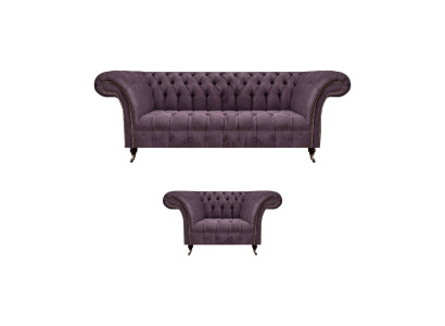 Chesterfield Lila Woonkamer Bankstel Elegante 3-Zits Textiel Fauteuil