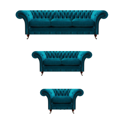 Blauwe designer Chesterfield gestoffeerde meubels woonkamer textiel banken 3-delig