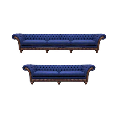 Blauwe Chesterfield stoffen banken designer zitbankset luxe zitmeubelen