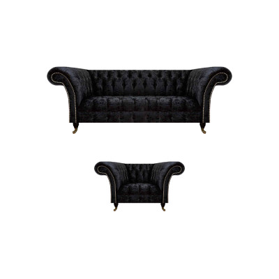 Chesterfield zwarte gestoffeerde meubelen designer woonkamer bank stoel 2-delig.