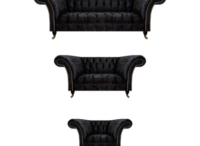 Zwart textiel Chesterfield garnituur luxe driezits leunstoel 3-delig