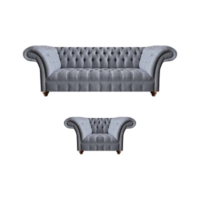 Chesterfield Designer Grijs Gestoffeerd Meubelset Moderne Textielbankstel 2-delig