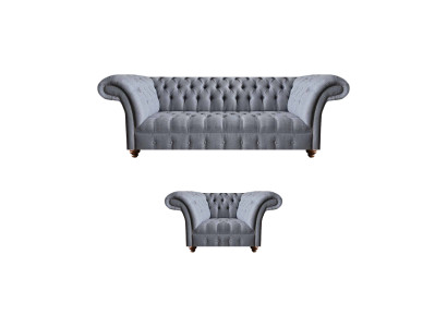 Chesterfield Designer Grijs Gestoffeerd Meubelset Moderne Textielbankstel 2-delig