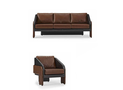 Bruin-zwart leren zithoek stijlvolle driezitter fauteuil 2-delig
