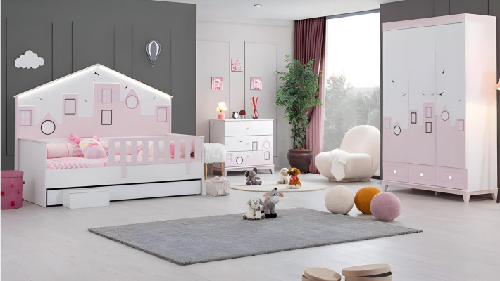Kinderkamer meubels kinderbed roze kledingkast commode jeugdkamer hout