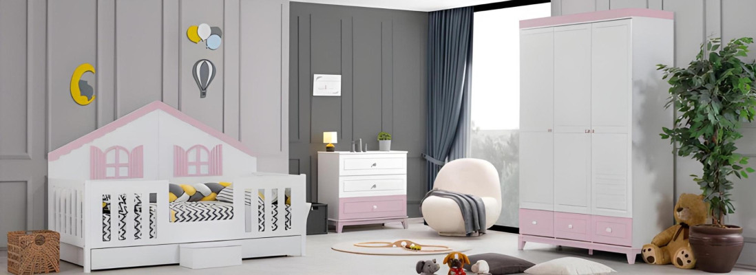 Kinderkamer set modern bestaat uit kinderbed, kast, commode, 3-delig nieuw