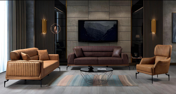 Bruine leren fauteuil luxe woonkamer leunstoel gestoffeerde meubels relaxfauteuil