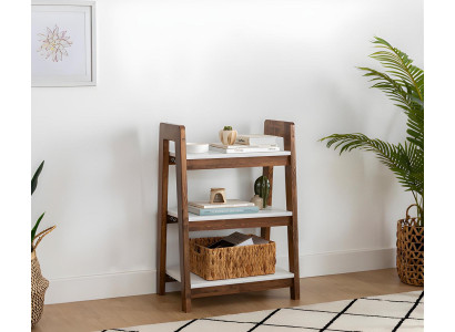 Bruin-witte boekenplank, boekentafel, houten meubels, kinderboekenplanken, kantoor meubels