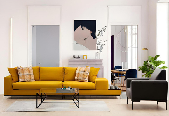 Woonkamer-Set 3-delig Geel 3-zits Zwart 2-zits Fauteuil Textiel Modern