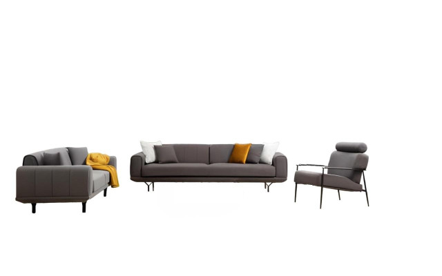 Woonkamer Set 3-delig 4-zitter 3-zitter Fauteuil met Kussen Grijs Effen