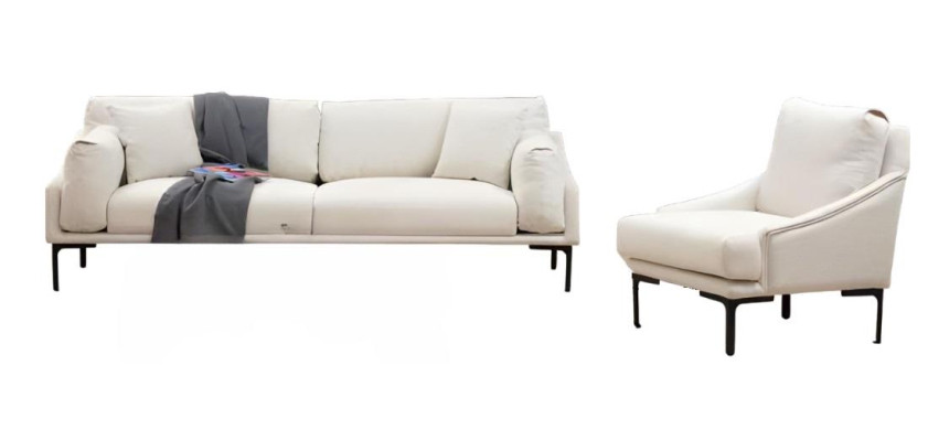 Woonkamerset 2-delig 3-zitsbank Fauteuil Wit Textiel Woonkamer Modern
