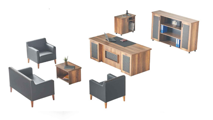 Zwart-bruine kantoorinrichting: bureau, dressoir, sofa, fauteuil