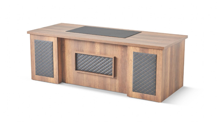 Zwart-bruine kantoorinrichting: bureau, dressoir, sofa, fauteuil