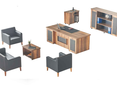 Zwart-bruine kantoorinrichting: bureau, dressoir, sofa, fauteuil