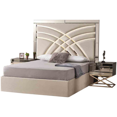 Beige slaapkamermeubels textielbed luxe hout 2x nachtkastjes 3-delig