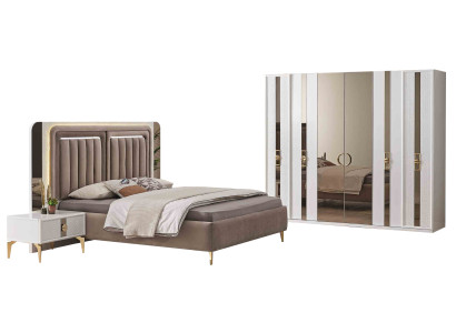 Beige slaapkamer set, elegant tweepersoonsbed, nachtkastjes, kledingkast