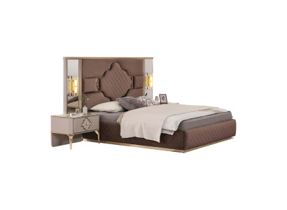 Bruin-Beige Exclusieve Slaapkamerset Tweepersoonsbed 2x Nachtkastjes