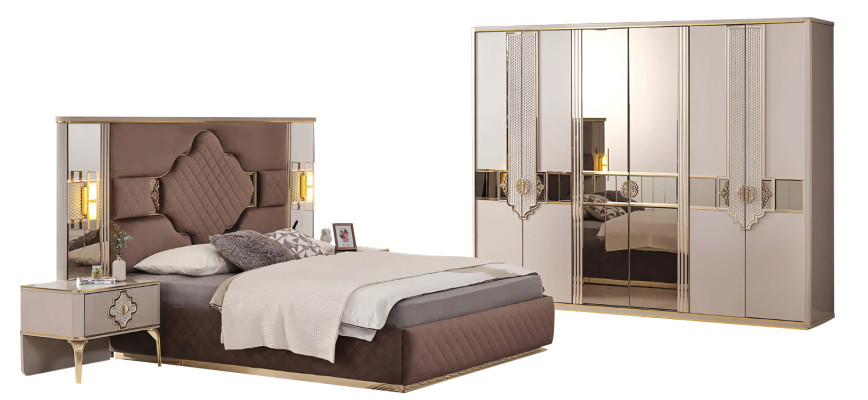 Bruin-beige slaapkamer set kledingkast, gestoffeerd bed, nachtkastjes