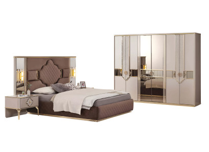 Bruin-beige slaapkamer set kledingkast, gestoffeerd bed, nachtkastjes