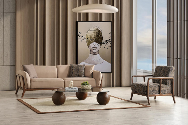 Beige stijlvolle driezitsbank woonkamer zitmeubel gestoffeerde stoel