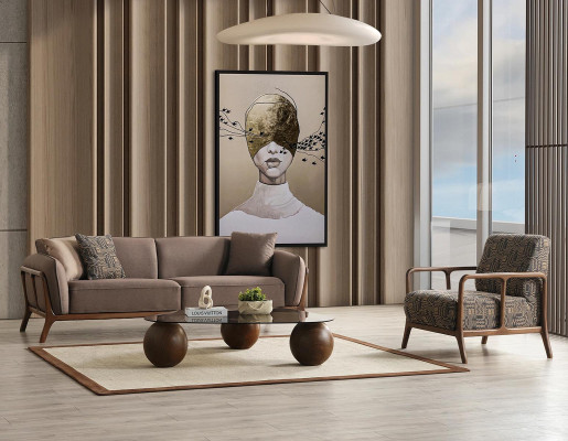 Bruine Moderne 3-zitsbank Woonkamer Fauteuil 2-delig Elegante Zitgroep