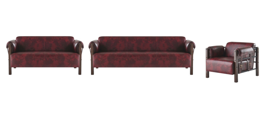 Bank Bordeaux lederen sofa's hout compleet 3-delig 3-zit 2-zit fauteuil
