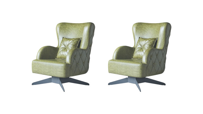 Chesterfield set fauteuil groen stoffering klassiek roestvrijstalen poten lederen kussen.