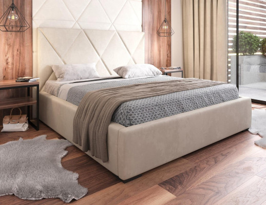 Bed Beige Double Bed Style Elegant Bed Upholstered Fabric Bedroom Modern New