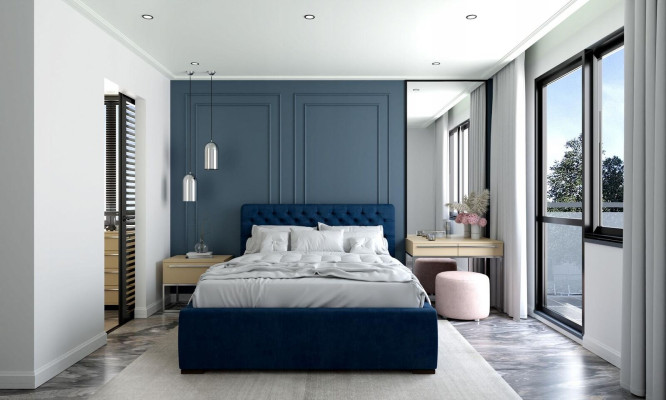 Bed Blauw Modern Design Stof Bekleding Slaapkamer Tweepersoonsbed Hout Elegant Nieuw