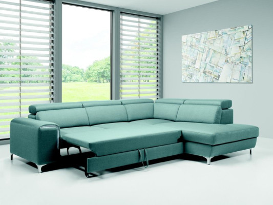 Ontwerperscomfortabele, zachte hoekbank in prachtig blauw voor de woonkamer.