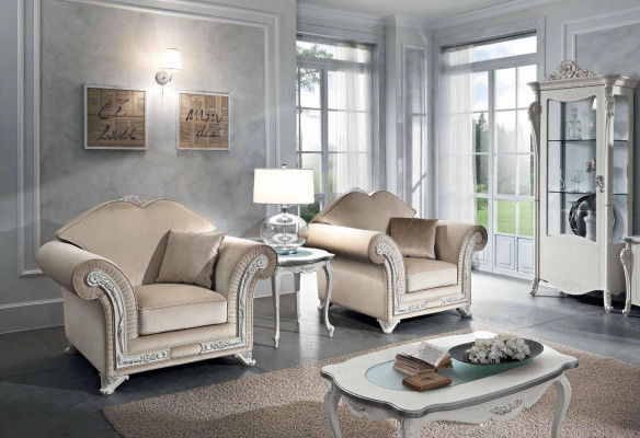 Fauteuil Luxe Klassieke Eenpersoons Hout Beige Leunstoel Woonkamer Meubels Italië